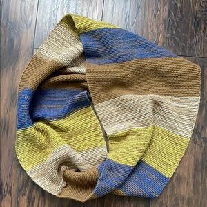 Striped Knit Scarf in Brown, Blue, and Yellow